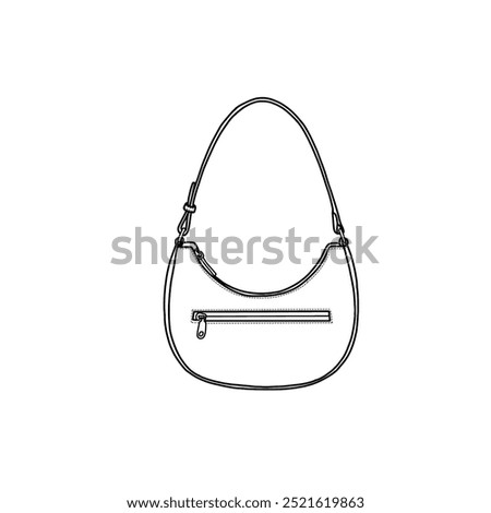 Shoulder bag for women, quilted handbag with zip pocket line art. Outline vector doodle illustration front view, isolated on a white background