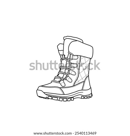 Women's waterproof winter shoes anti-slip warm booties snow boots hiking outdoor vector icon line art. Outline vector doodle illustration side view. Footwear isolated on a white background.