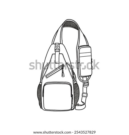 Sling bag for men crossbody chest bag sling backpack travel hiking daypack sports bag vector icon line art. An editable vector design of a crossbody bag. Isolated on a white background.