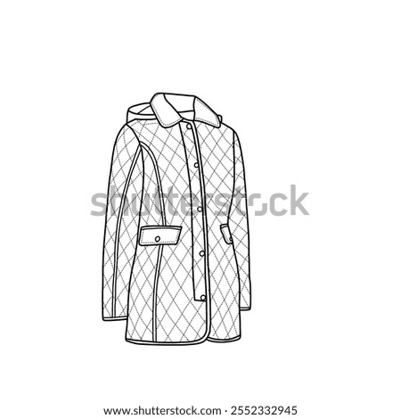 Women's quilted jacket with pockets, winter jacket waterproof. Outerwear jackets technical fashion illustration.