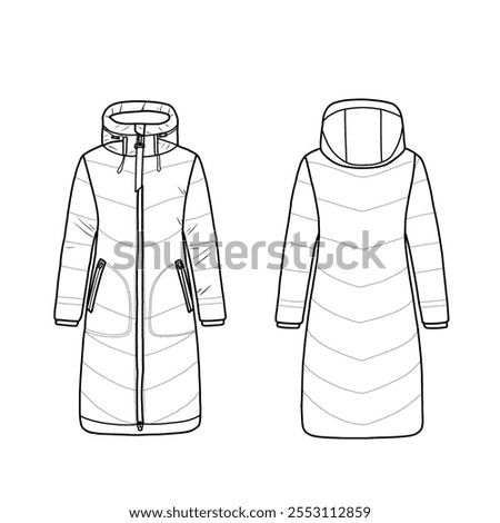 Women's long quilted jacket for winter. Puffer winter coat knee-length with hoods