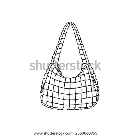 A quilted puffer tote bag for women, a hobo bag, a shoulder bag, and a tote bag puffy with zipper line art. Outline vector doodle illustration front view, isolated on a white background