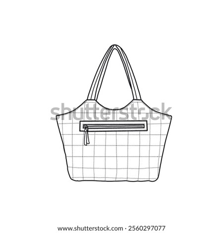 Quilted down padded puffer shoulder bag, handbag for work, tote bag for women with zipper line art. Outline vector doodle illustration front view, isolated on a white background