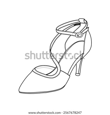 Vector sketch of flat shoes for women's mid-heel ankle strap, pumps pointed toe, party shoes, stiletto. Outline vector doodle illustration, front, and side view, isolated on white background 