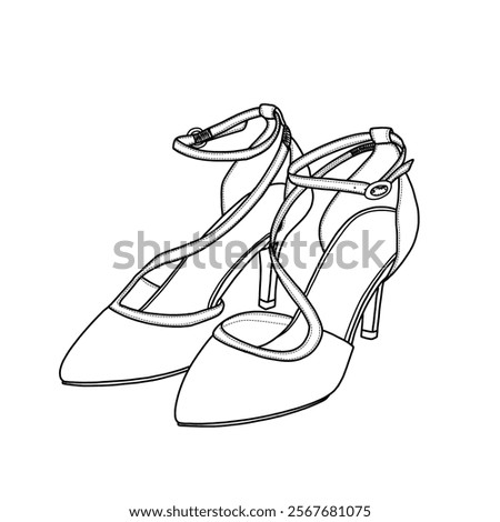 Vector sketch of women's mid-heel ankle strap with buckle, stiletto, evening party shoes, graduation shoes. Outline vector doodle illustration, front, and side view.