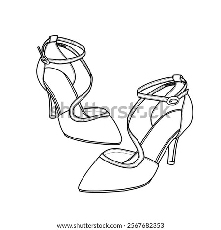 Technical sketch drawing of women's mid-heel ankle strap with buckle, bridal shoes, bridesmaids shoes, evening party shoes, and graduation shoes vector line art.