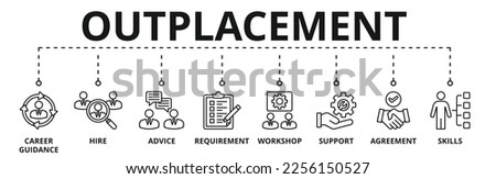 Banner of outplacement web vector illustration concept with icons of career guidance, hire, advice, requirement, workshop, support, agreement, skills