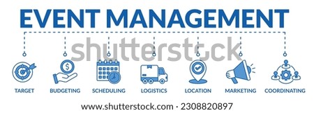 Banner of event management web vector illustration concept with icons of target, budgeting, scheduling, logistics, location, coordinating