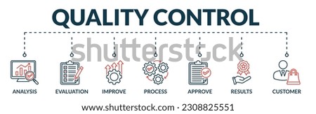Banner of quality control web vector illustration concept with icons of analysis, evaluation, improve, process, approve, results, customer