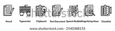 Copywriting line icon set. Pencil, Typewriter, Clipboard, Text Document, Speech Bubble, Magnifying Glass, Checklist