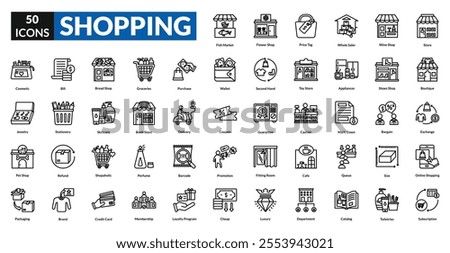 Shopping line icon collection set. Includes cart, bag, store, discount, checkout, basket, receipt, payment, sale, product, barcode, coupon, cashier, shelf, retail, store