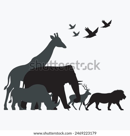 Wildlife family safari silhouette, Savanna grassland ecology, Environment and wildlife conservation, National parks in Africa. Lion, deer, elephant, rhino, giraffe, and bird icon vector illustrations.