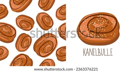 Traditional Swedish sweets. Kanelbulle roll, cinnamon bun. Traditional sweet bun from Scandinavia and the Baltic countries. Seamless pattern. Vector Illustration. For menu, sign, banner, poster.