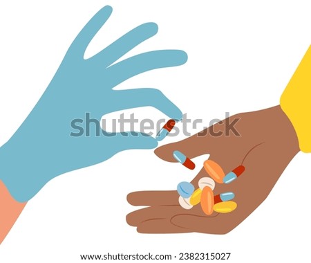 The doctor giving the patient pills and capsules. Two hands and medicines on a white background. Vector illustration in flat style