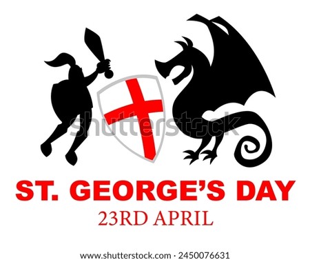 St. George's Day celebration card with knight and dragon. Vector cartoon illustration.