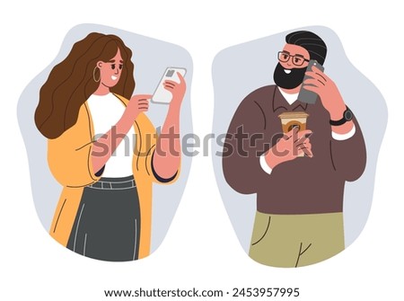 People talking phone. Man and woman have conversation. Business dialog. Couple in love, wife and husband vector illustration