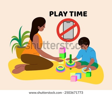 No Cell Phone prohibition sign. Happy Mother and Son Playing. Play time. Vector Illustration