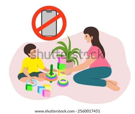 Happy Mother and Son Playing. Play time. No Cell Phone sign. Vector Illustration