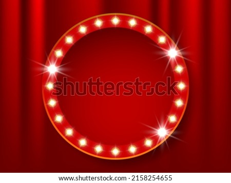 Theater stage. Red curtains stage, theater or opera background with spotlight. Festival night show banner. Circle retro frame with glowing lamps. Vector illustration with shining lights