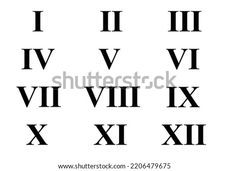 Set of roman numerals isolated on white background. Numbers from one to twelve. Set of roman numbers for watches isolated on a white background