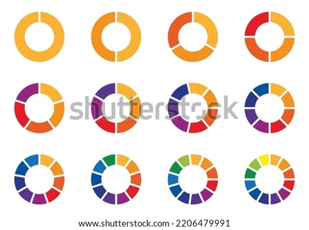 Pie charts diagrams. Set of different color circles isolated. Infographic element round shape. Circle segments set. Various number of sectors divide the circle on equal parts. Pie chart set. Diagram