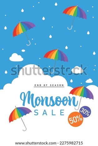 Monsoon sale background with sky and colorful rainbow umbrellas. Sky with clouds, stars. White and blue background. Romantic kawaii design. Cute sky graphic. Cloudscape