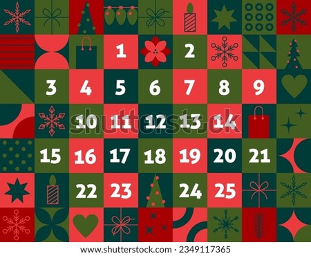 Christmas advent calendar. Holiday Advent December calendar date. Bauhaus Christmas border design vector illustration. Countdown to Christmas Day. Holiday Symbols of celebration design