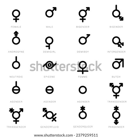 Gender Diversity Monochrome Icons Set. Black gender icons. Representation of people of different genders