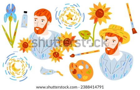 Set of different icons and signs. Vincent van Gogh, sunflowers and iris flowers, palette, brushes and oil colors, Starry Night, Portrait with Straw Hat. Artist and art