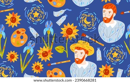Seamless pattern with differnt art symbols. Vincent van Gogh, sunflowers and iris flowers, palette, brushes and oil colors, Starry Night, Portrait with Straw Hat. Artist and art