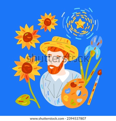 Differnt art symbols. Vincent van Gogh, sunflowers and iris flowers, palette, brush and oil colors, Starry Night, Portrait with Straw Hat. Artist and art