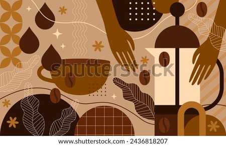 Coffee background. Set of coffee signs, icons, symbols for menu design. Cappuccino, americano, espresso, mocha, latte. Various coffee drinks set. Cups, beans and coffee makers. Broun design