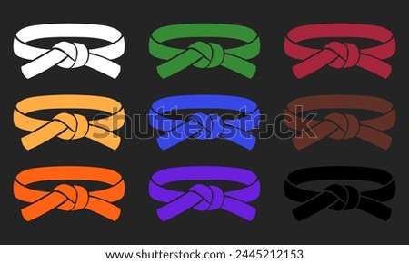 Set with belts karate on white background. Full Collection of martial arts belts