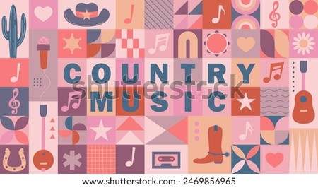 Country music sign. Cowboy hat with country music. Poster of country live music festival. Concert banner template with guitar and cowboy hat western style. Symbols of country music