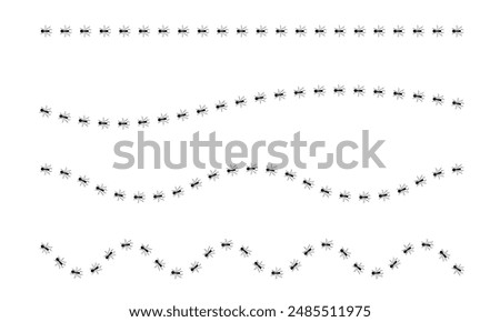 Ants trail line of working ants on white background vector illustration. A line of worker ants marching in search of food. Worker incects marching in a line. Ants road vector illustration