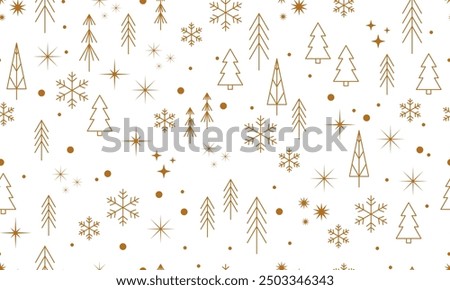 Seamless pattern with Christmas tree, snowflake, golden star. Christmas, new year design in golden color on a light background. Trendy modern vector illustration. Cute hand drawn flat design