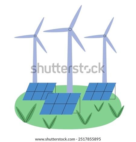 Wind turbines and solar panels. Eco sustainable renewable energy concept, green electric power station with alternative electricity. Sustainability concept. Wind mills, solar panels illustration