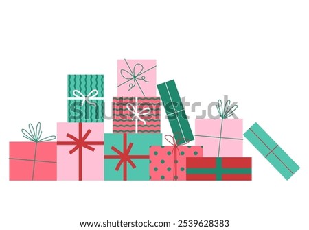 Happy birthday. Merry Christmas. Gifts with bows and ribbons. Stack of colorful present gift boxes. Set of wrapped gift boxes isolated on background. Sale and shopping