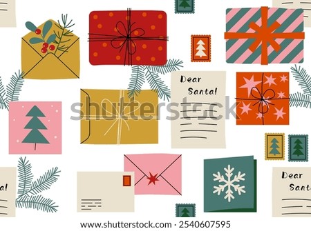 Seamless pattern with Festive xmas greeting card. Santa Claus post office mail. Christmas Santa Claus letter. Xmas holidays wish list letter, mailing envelope with postmark. Gift box