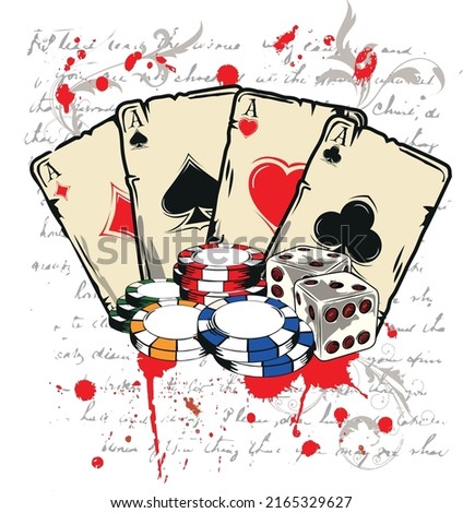 four playing cards depicting the aces with two dice and casino fish, on the back an inscription with red spots and floral motif.