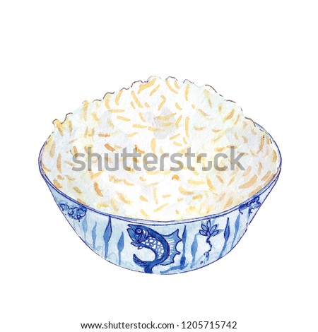 Watercolor bowl of rice isolated on white background. Hand drawn bowl of tasty hot fresh asian (chinese, japanese, vietnamese, cambodian) rice. Food in blue bowl with fish on it.
