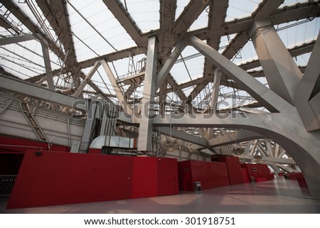 BEIJING - JUN 23: Steel structure inside the Beijing National Stadium. Also called Bird\'s Nest, on Jun 23, 2010 in Beijing, China.