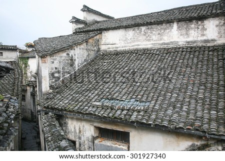 Roof of village of Huizhou,  a historical region in southeastern China. It corresponds to the southernmost part of Anhui Province plus Wuyuan County in northeastern Jiangxi Province.