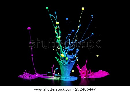 This is a colorful paint splash on a audio speaker isolated on a black background. This shows the color of music.