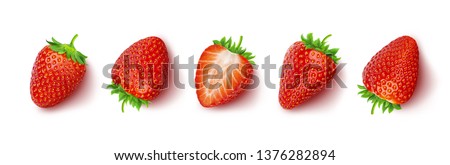 Similar – Image, Stock Photo Single strawberry on a spoon. Ripe strawberry on pink