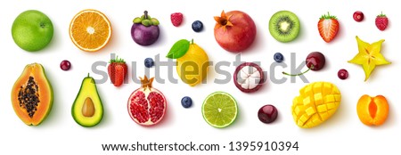 Assortment of different fruits and berries, flat lay, top view, apple, strawberry, pomegranate, mango, avocado, orange, lemon, kiwi, peach isolated on white background