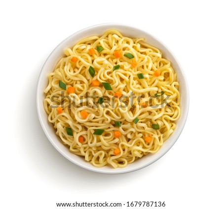 Instant noodles with vegetables and herbs in bowl isolated on white background, top view Foto d'archivio © 