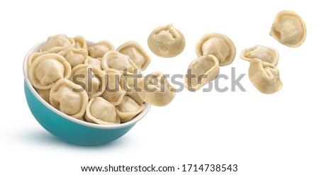Meat dumplings, homemade russian pelmeni in bowl isolated on white background with clipping path