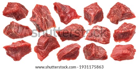 Diced red beef meet, cubes of raw beef isolated on white background with clipping path