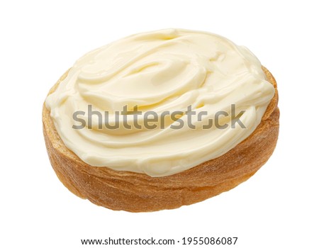 Slice of bread with cream cheese isolated on white background, toast with melted cheese, top view